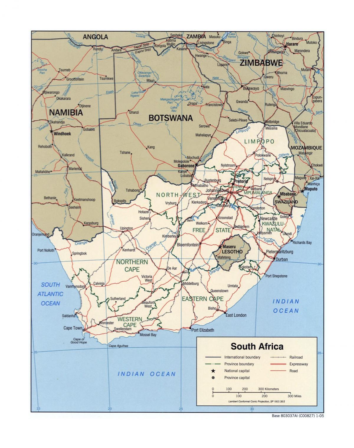 Mapa Południowej Afryki z głównymi miastami