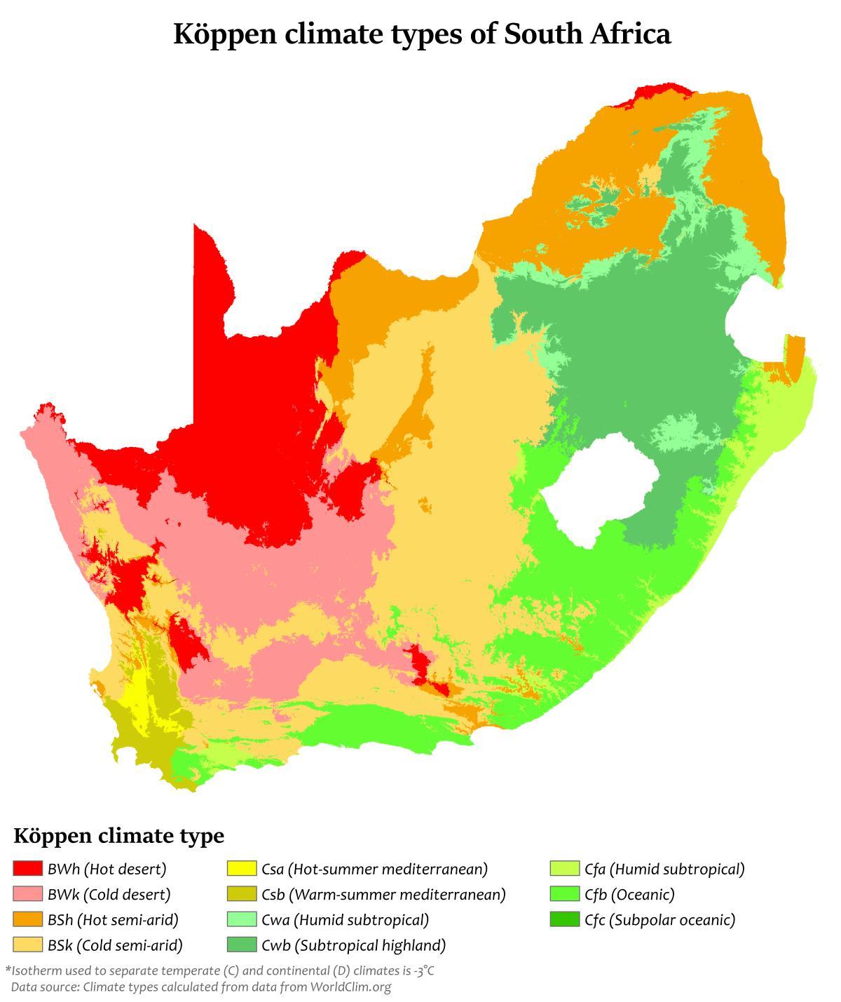 Mapa temperatury Republiki Południowej Afryki