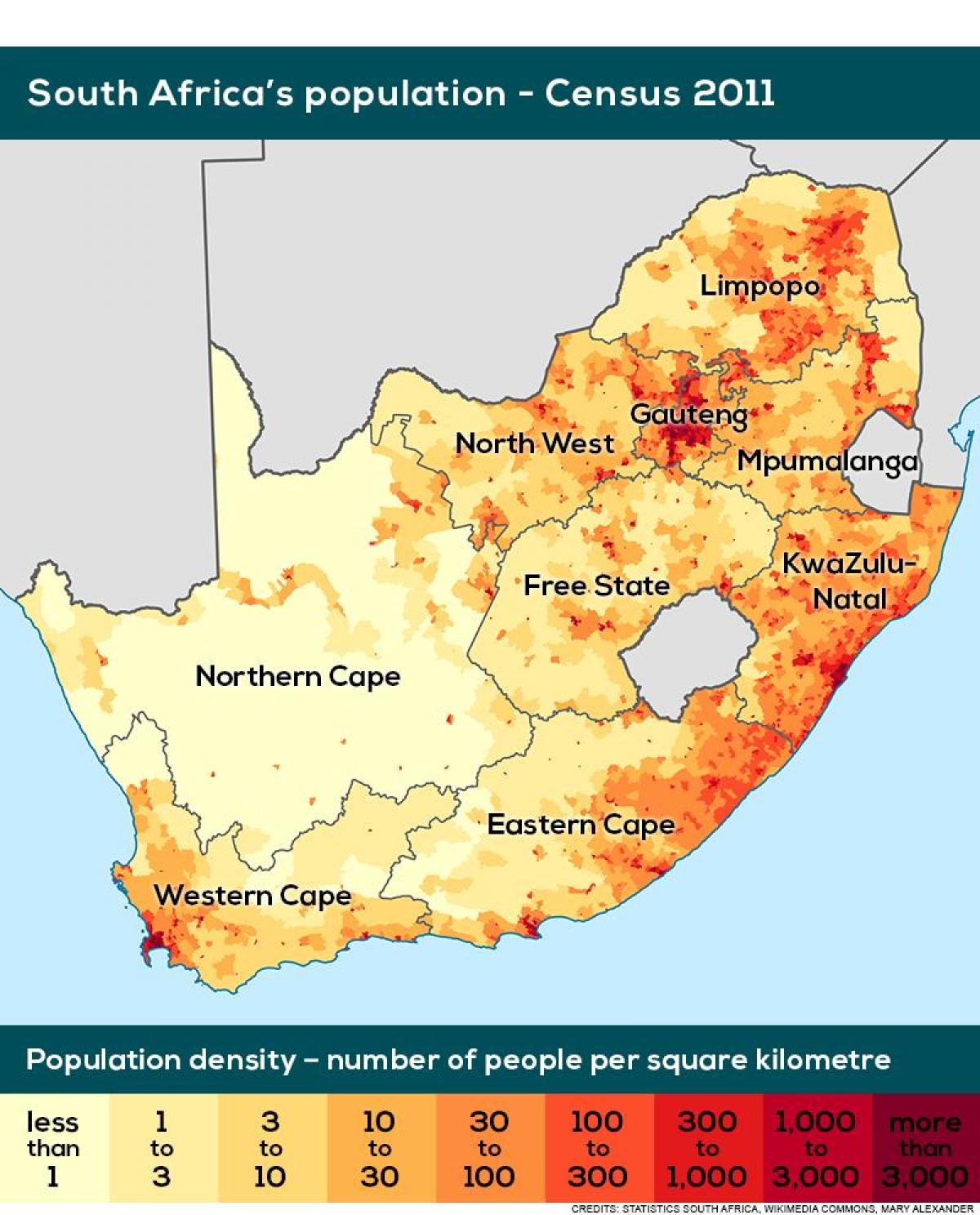 Mapa gęstości zaludnienia Afryki Południowej